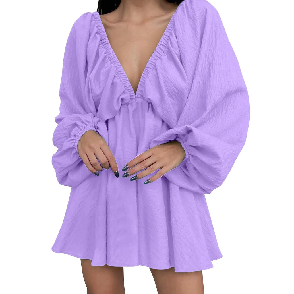 Deep V Neck Retro Pleated Dress