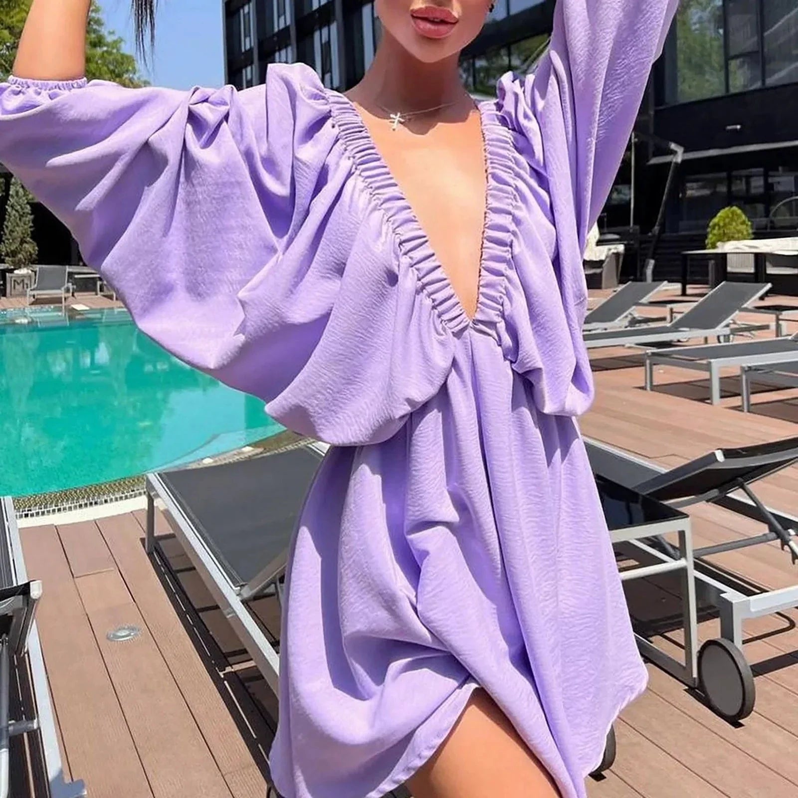 Deep V Neck Retro Pleated Dress