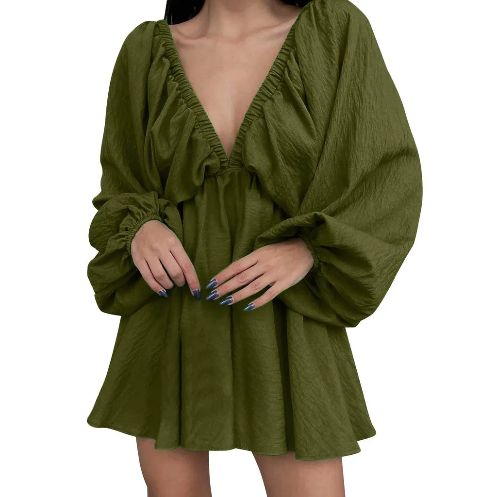 Deep V Neck Retro Pleated Dress