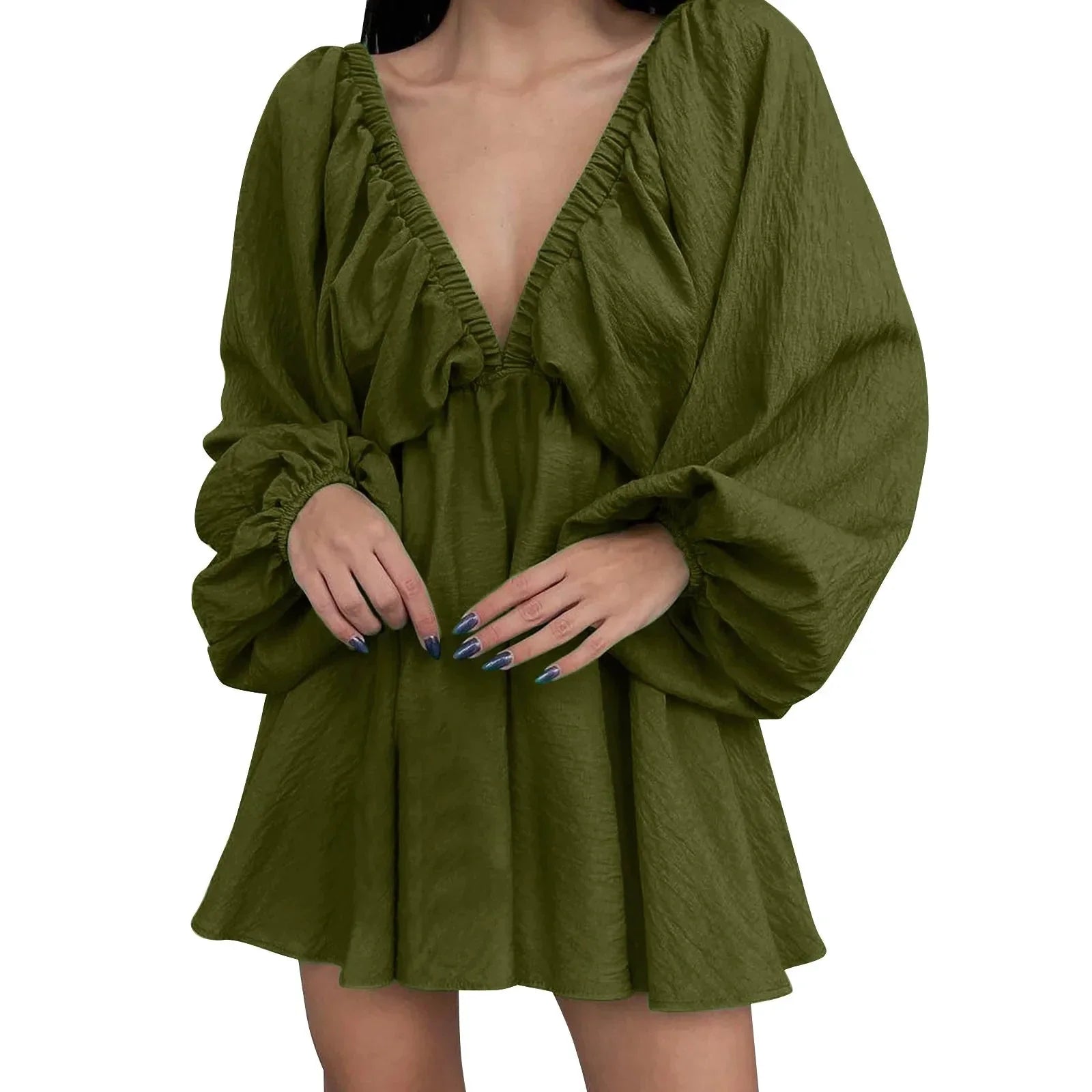 Deep V Neck Retro Pleated Dress