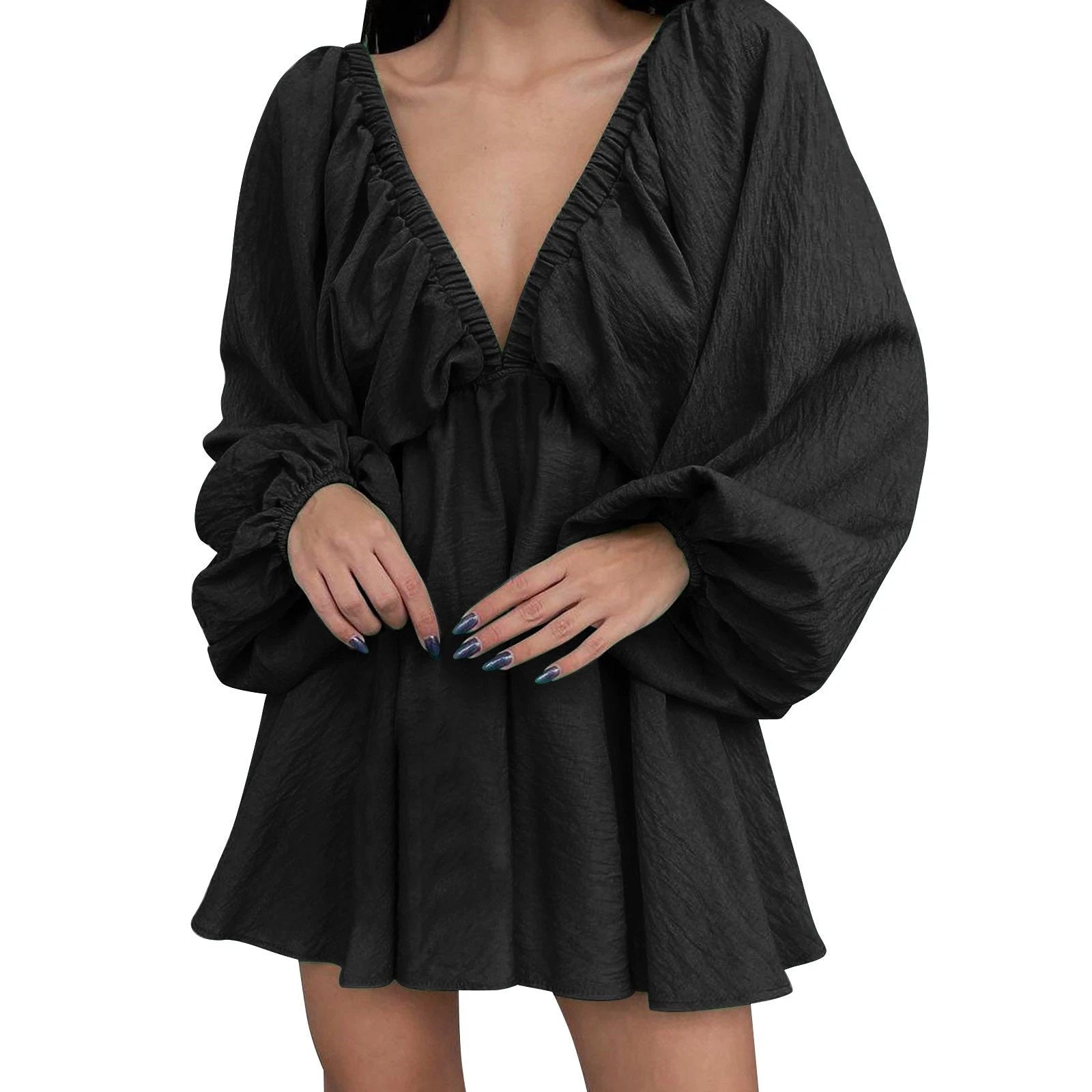 Deep V Neck Retro Pleated Dress