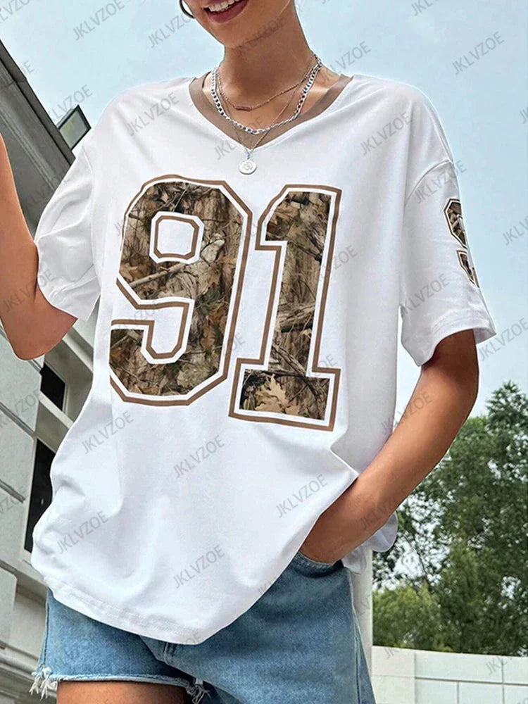 2025 Retro No.91 Printed Women's V-Neck Short Sleeve Football Jersey Y2K