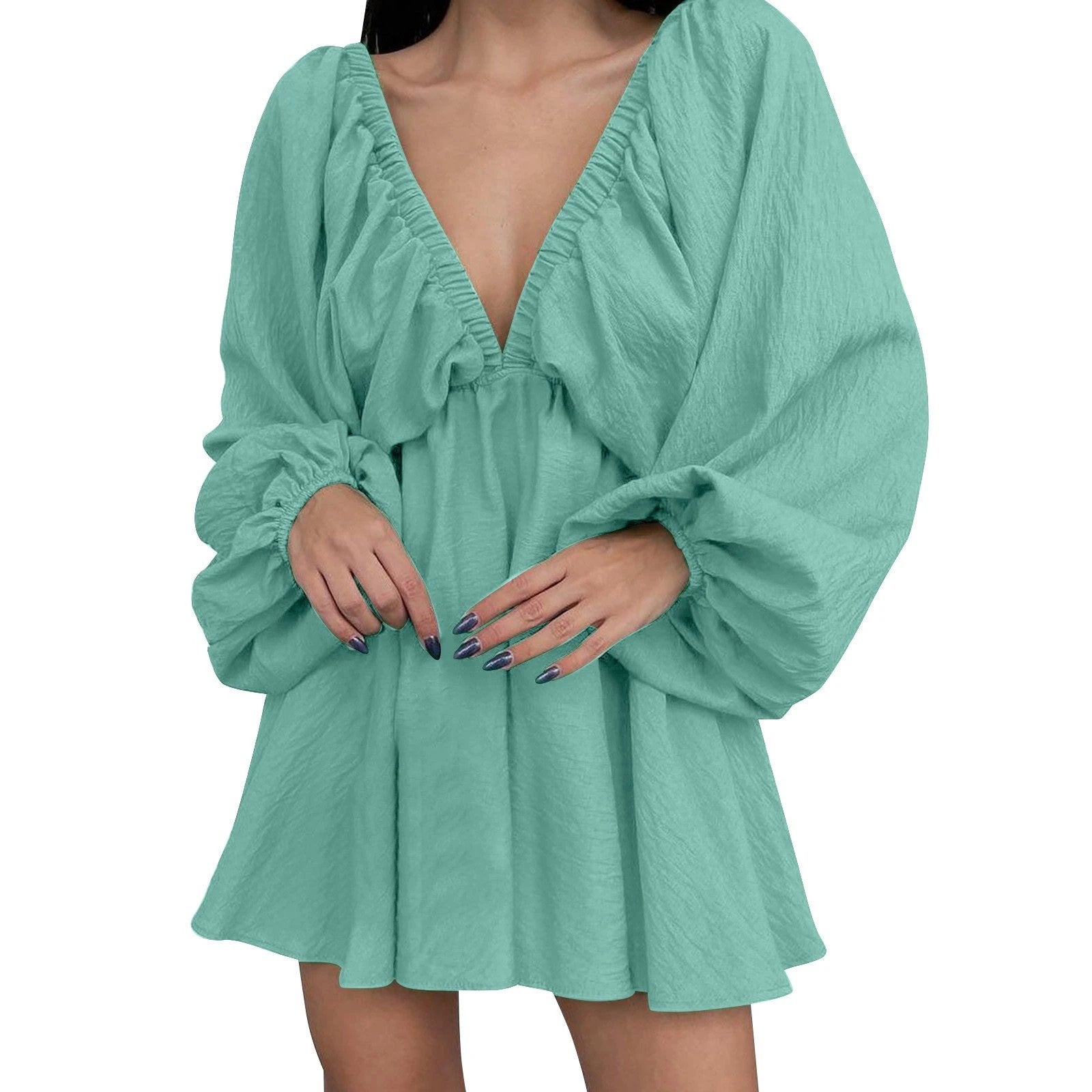 Deep V Neck Retro Pleated Dress