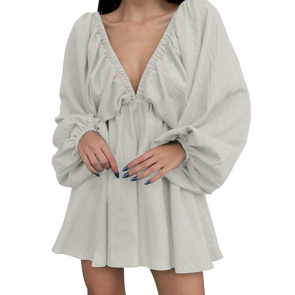 Deep V Neck Retro Pleated Dress