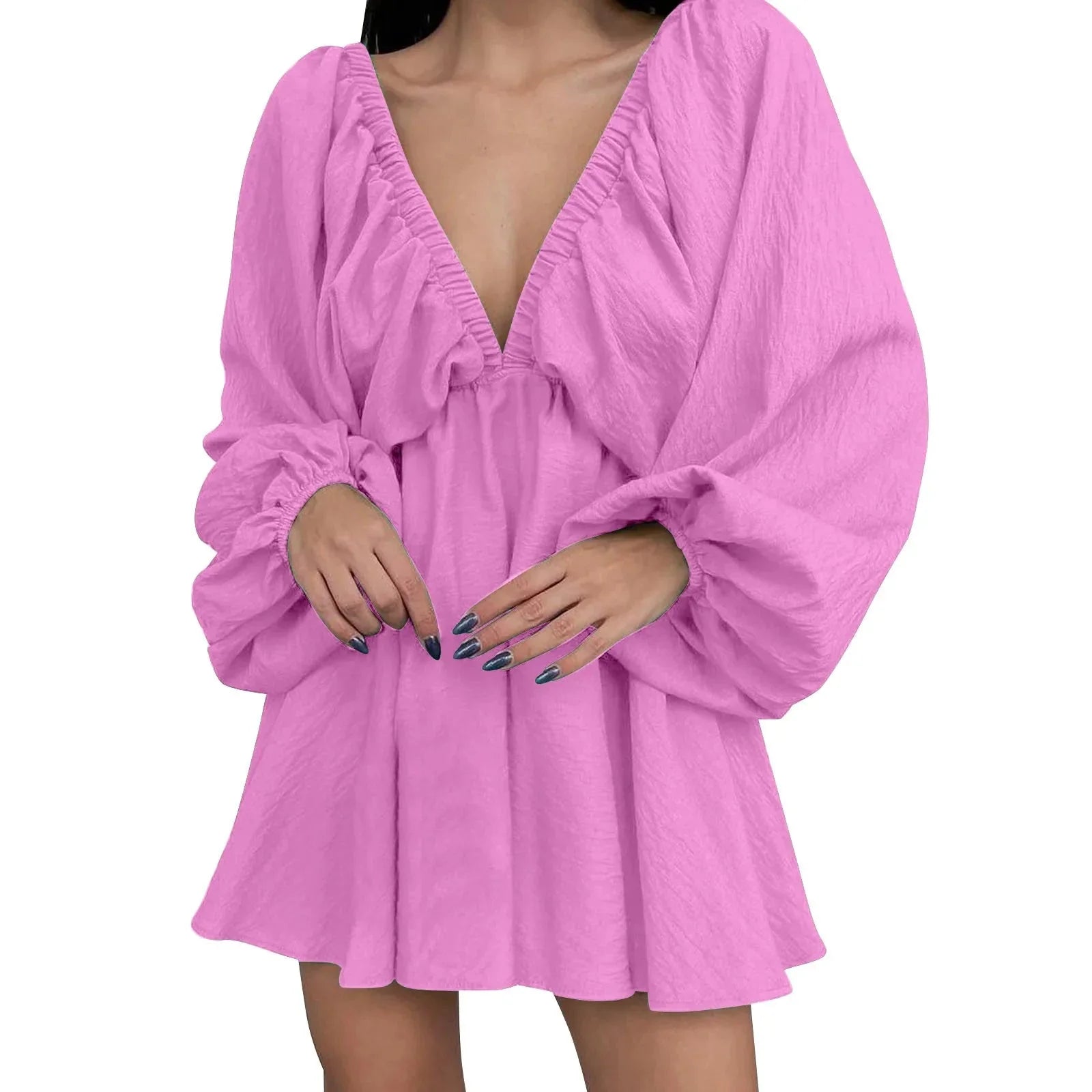 Deep V Neck Retro Pleated Dress