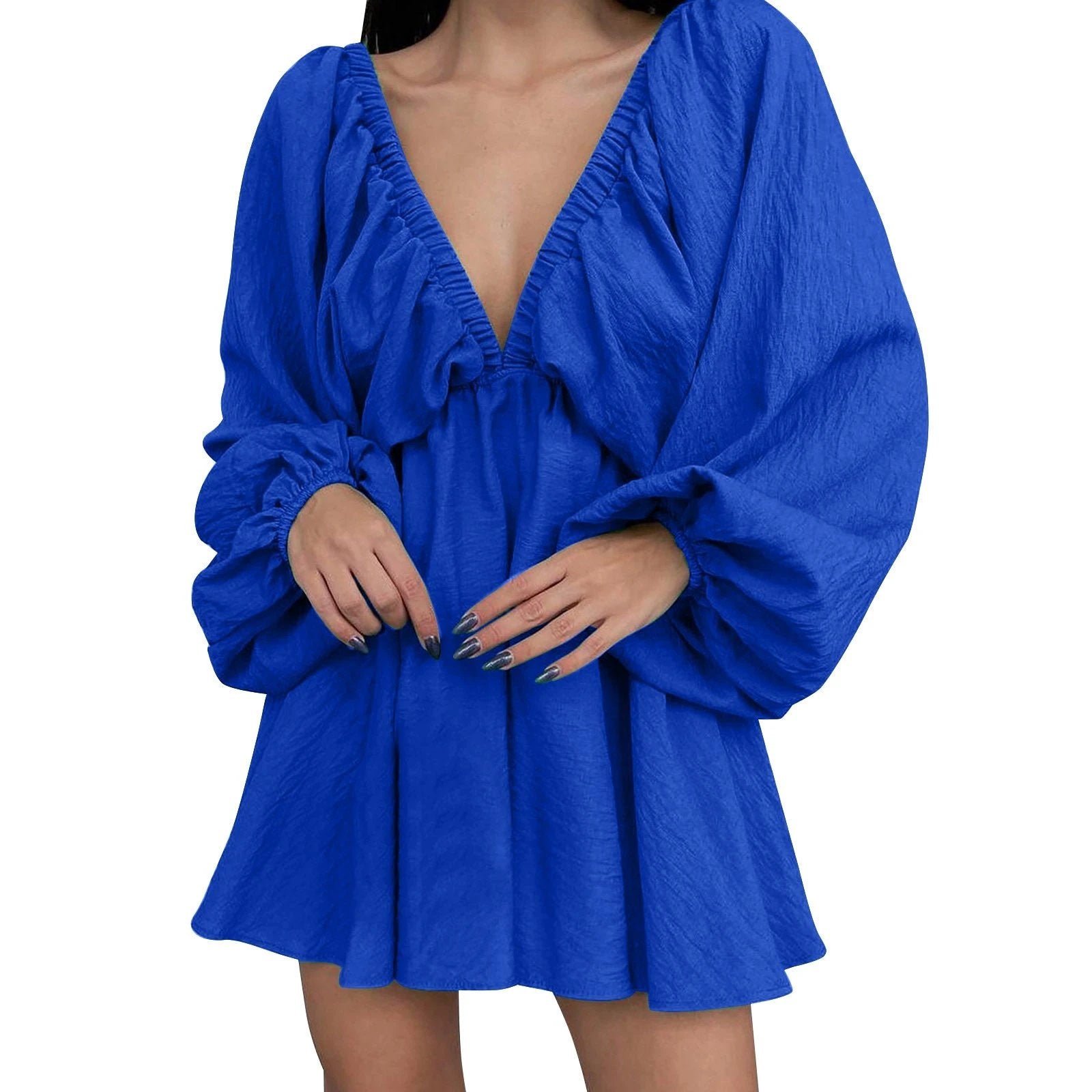 Deep V Neck Retro Pleated Dress