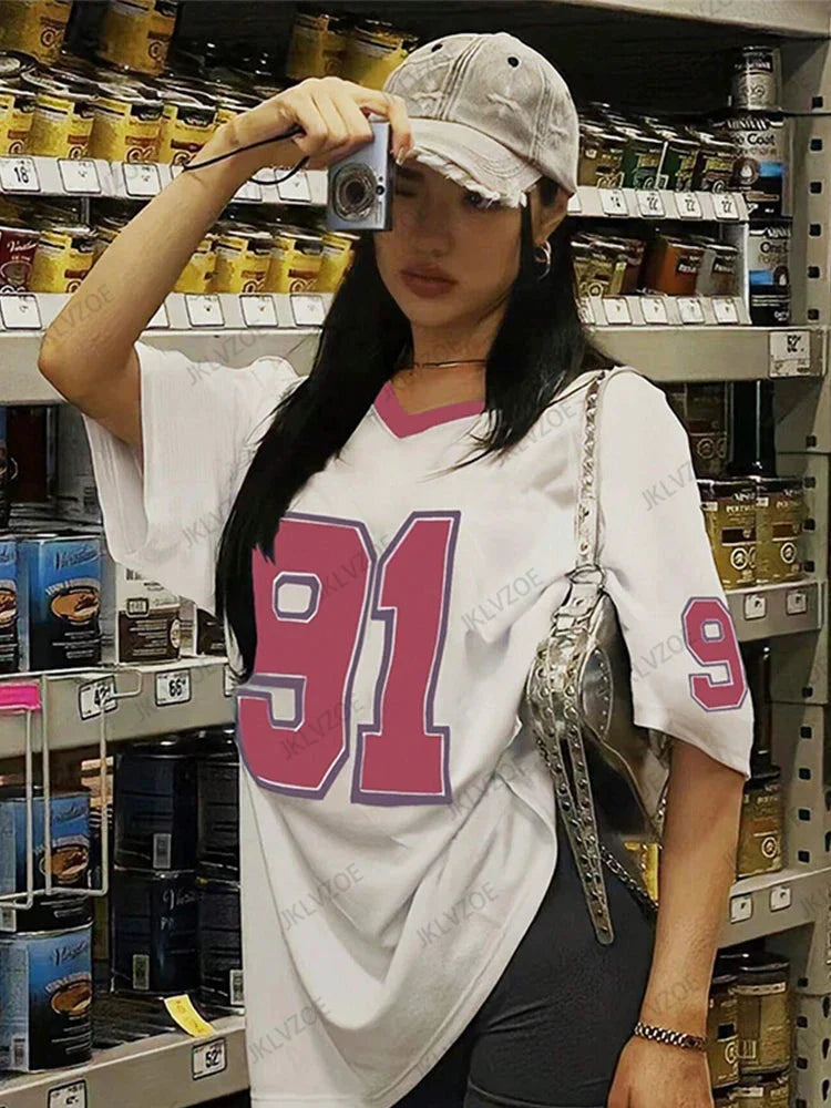 2025 Retro No.91 Printed Women's V-Neck Short Sleeve Football Jersey Y2K