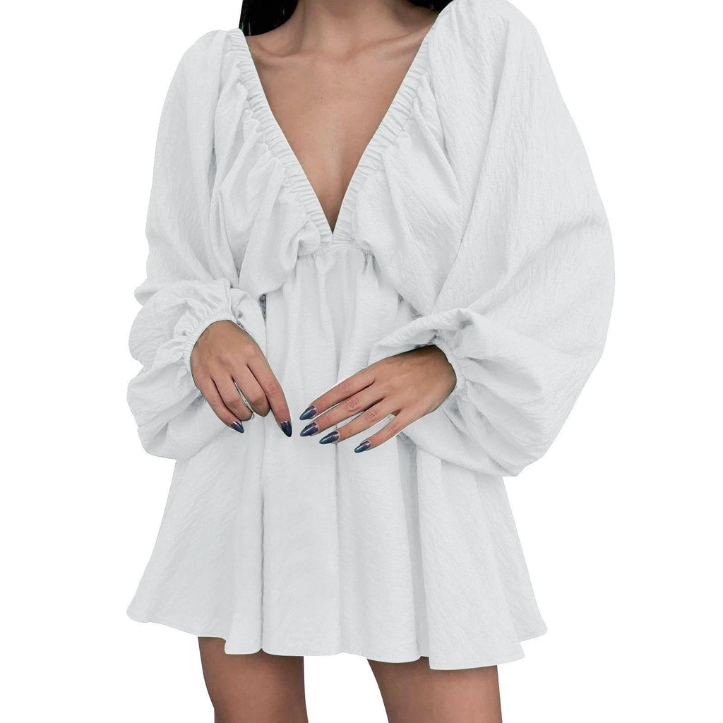 Deep V Neck Retro Pleated Dress