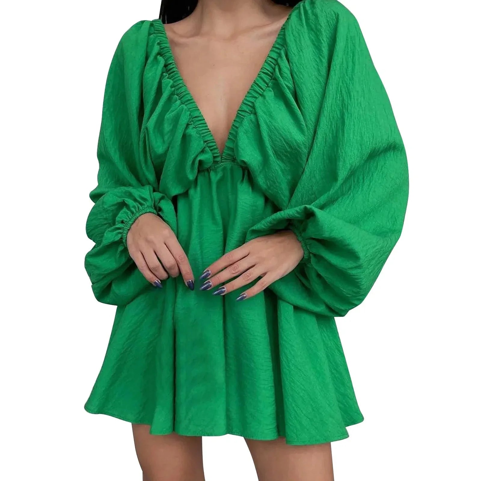 Deep V Neck Retro Pleated Dress