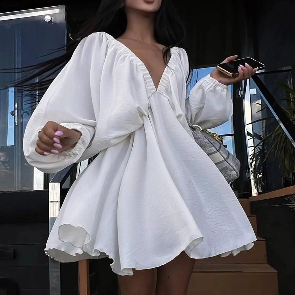 Deep V Neck Retro Pleated Dress