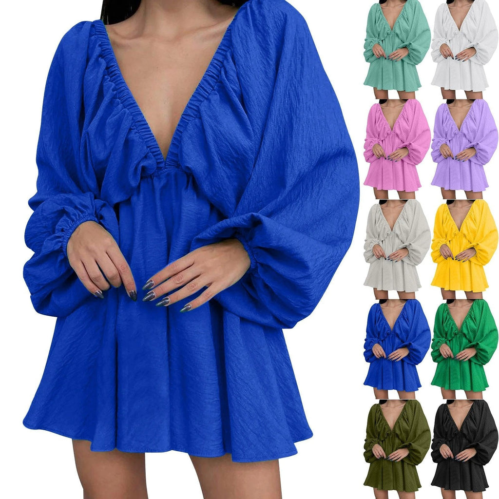 Deep V Neck Retro Pleated Dress