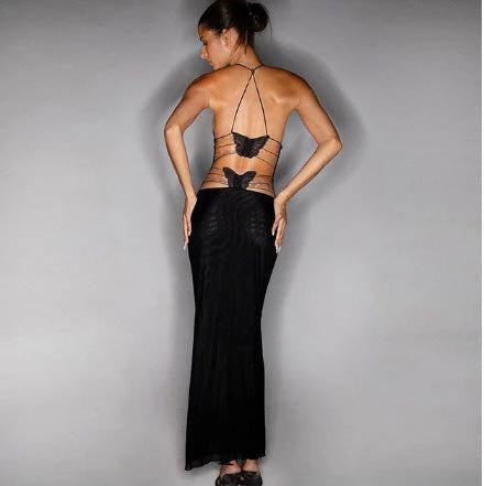 Floral Print Spaghetti Straps Halter Dress Butterfly Back