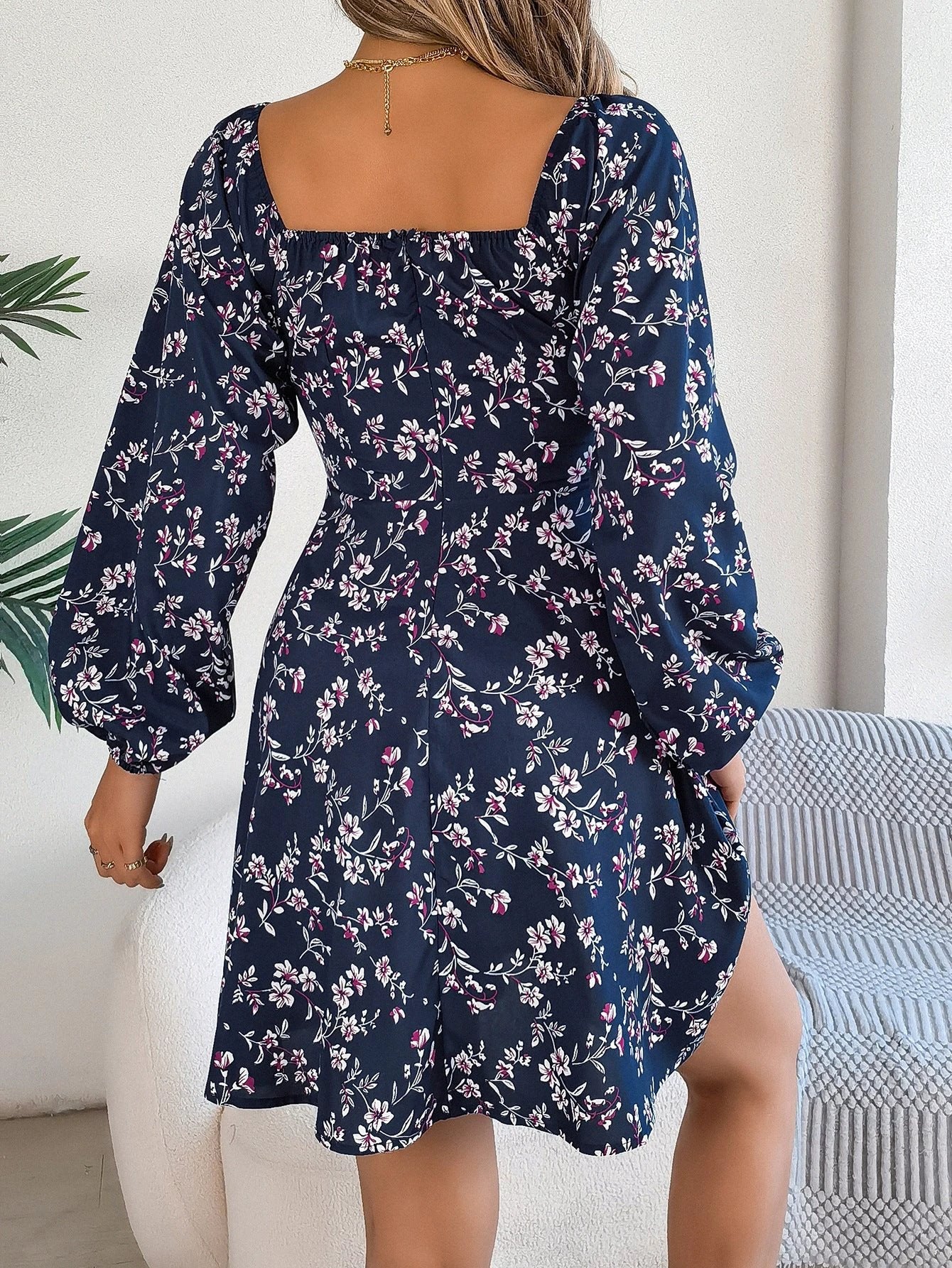 Mandotos Floral Print Long Lantern Sleeve Dress