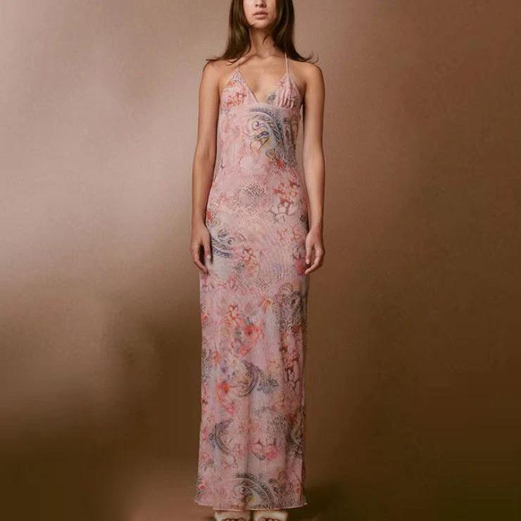 Floral Print Spaghetti Straps Halter Dress Butterfly Back