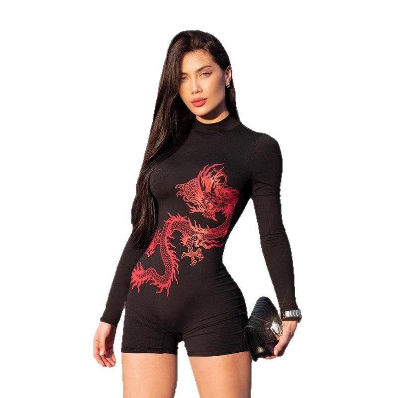 Personalized Dragon-print Romper With A Mock Turtleneck And A Slim Fit