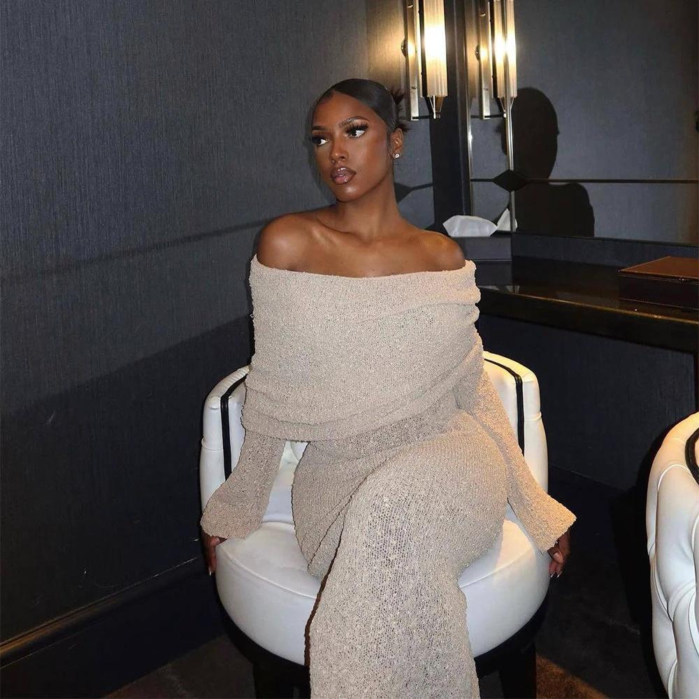 New! One-Shoulder Knitted Long-Sleeve Dress