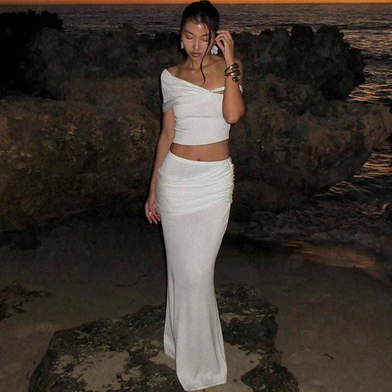 Elegant Slim-fit Oblique Shoulder Top & Long Skirt Set