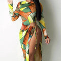 Sexy Block Printed Long Sleeved High Slit Dress