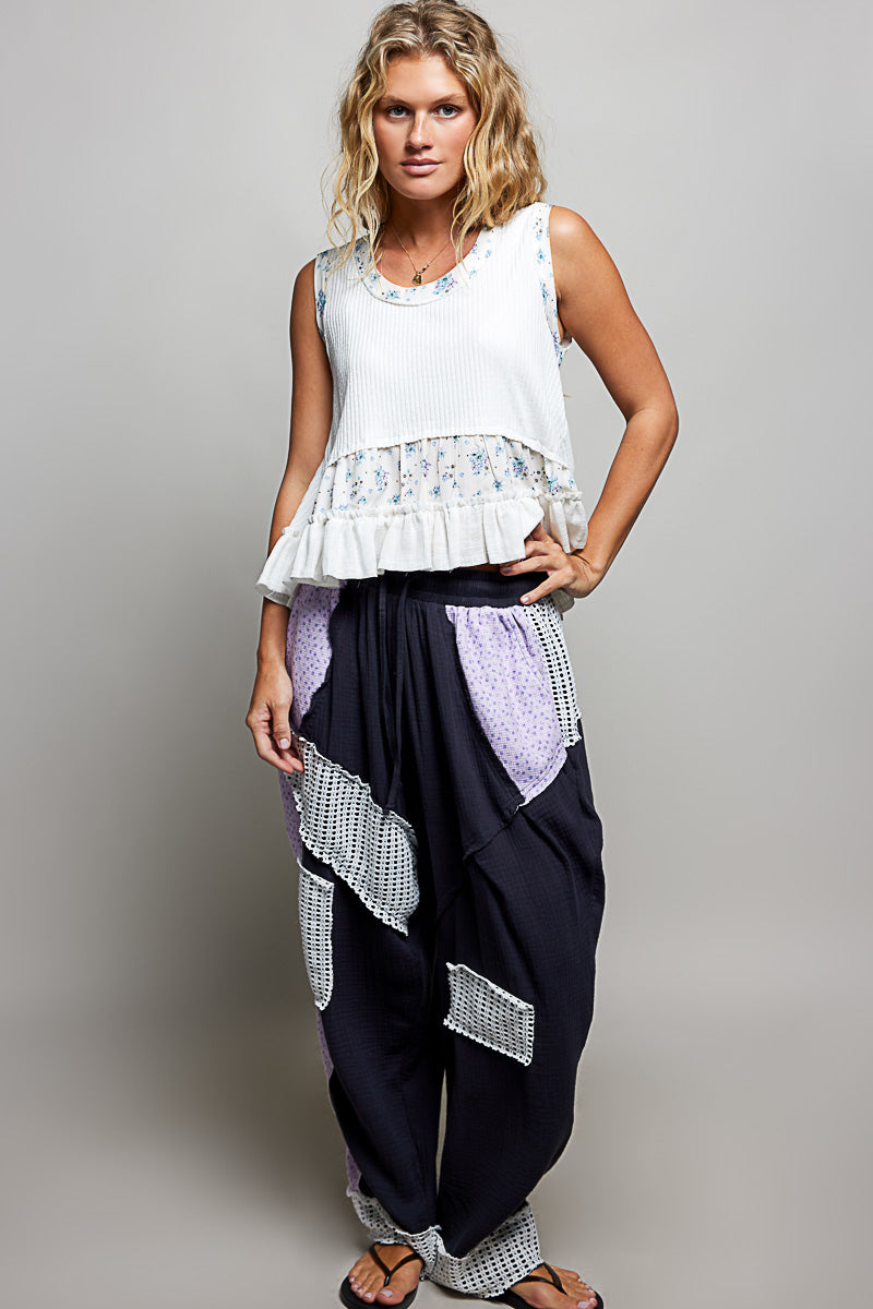 Floral Print Patched Round Neck Ribbed Tank with Ruffle Accents
