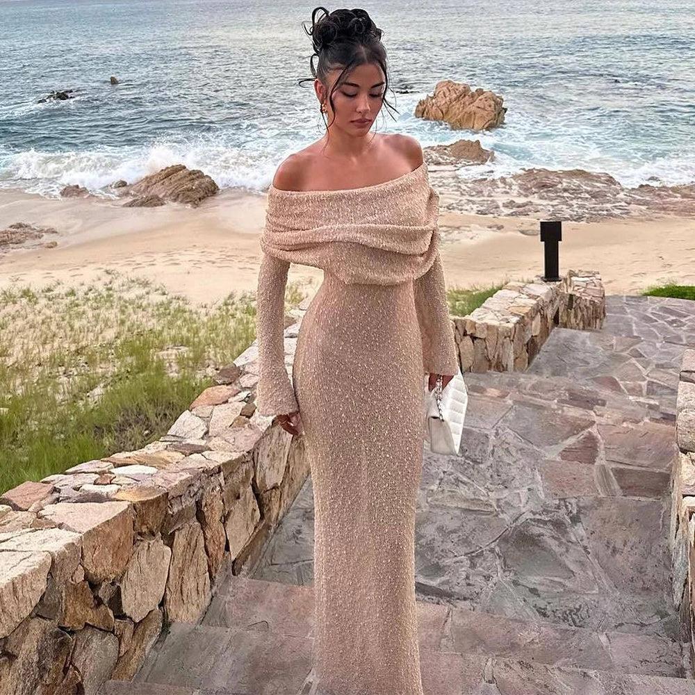 New! One-Shoulder Knitted Long-Sleeve Dress