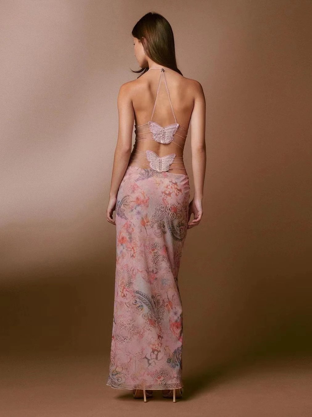 Floral Print Spaghetti Straps Halter Dress Butterfly Back