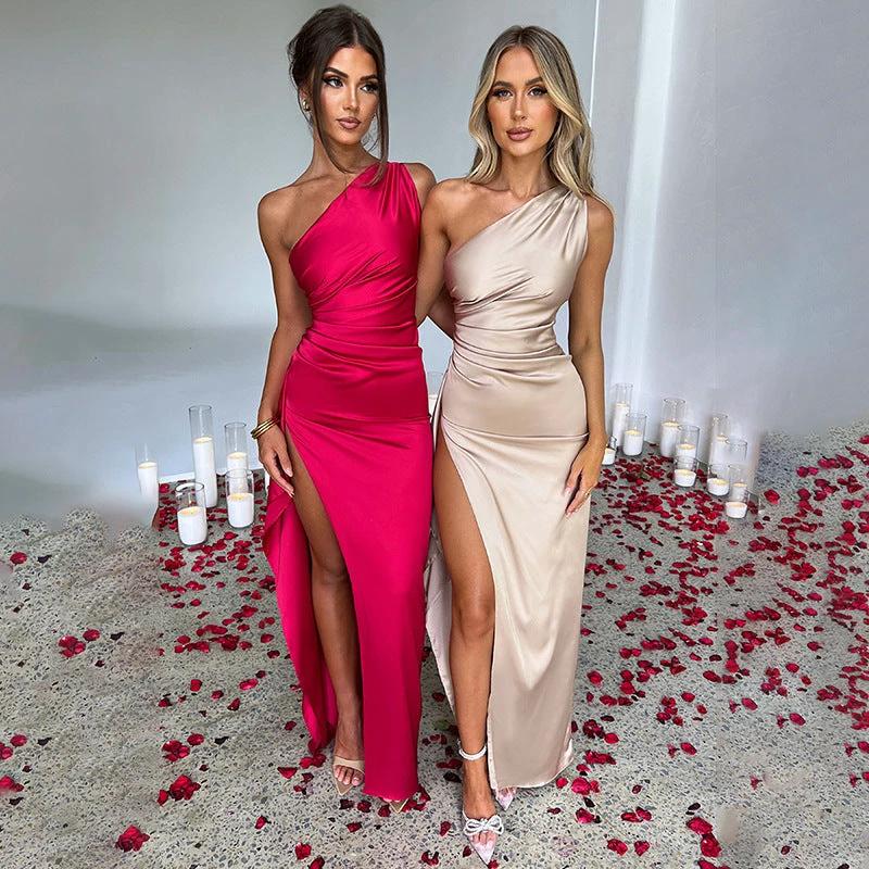 Sleek One-Shoulder Backless Slit Dress