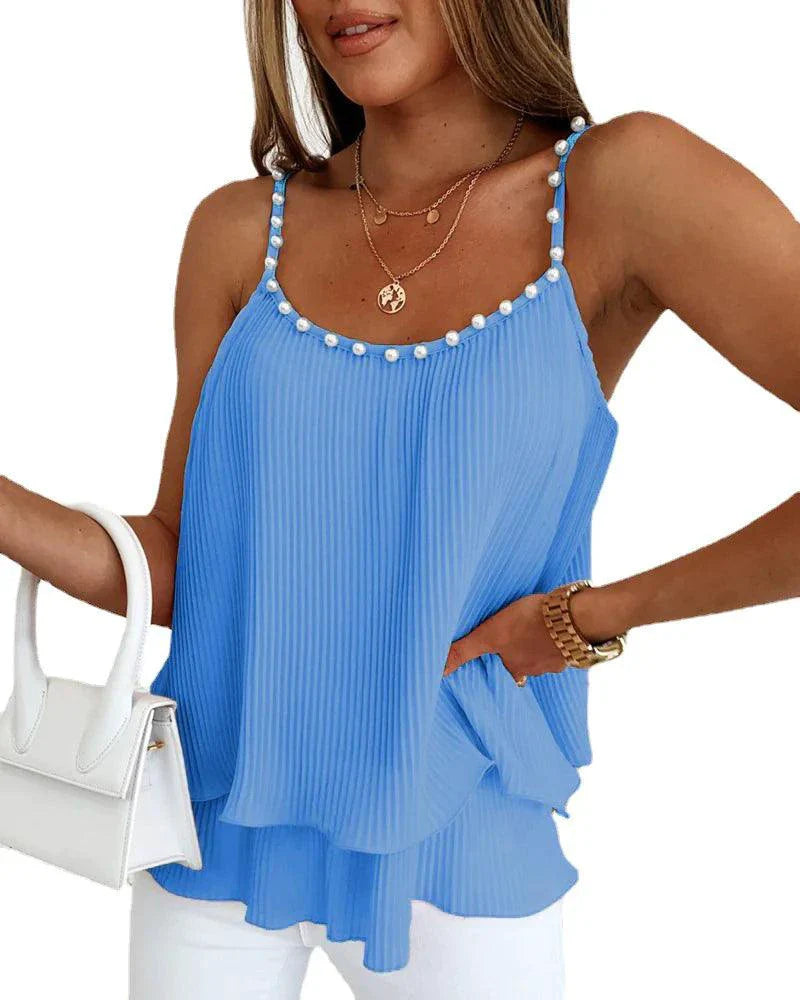 Women's Chic Pearl Pleated Chiffon Tank Top