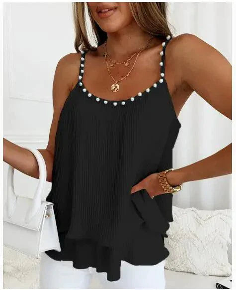 Women's Chic Pearl Pleated Chiffon Tank Top