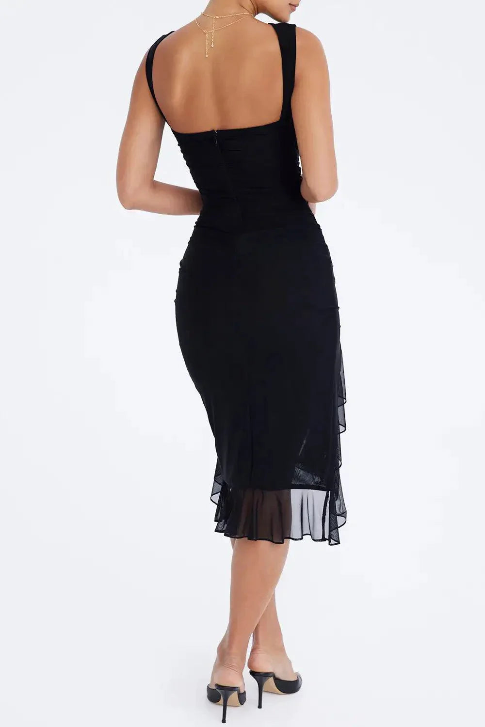 Mandotos Olive Green Ruffled Midi Dress With Ruched Bodice And Tiered Hem For Summer