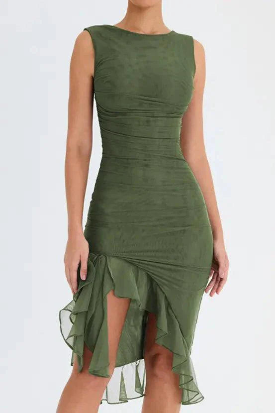 Mandotos Olive Green Ruffled Midi Dress With Ruched Bodice And Tiered Hem For Summer