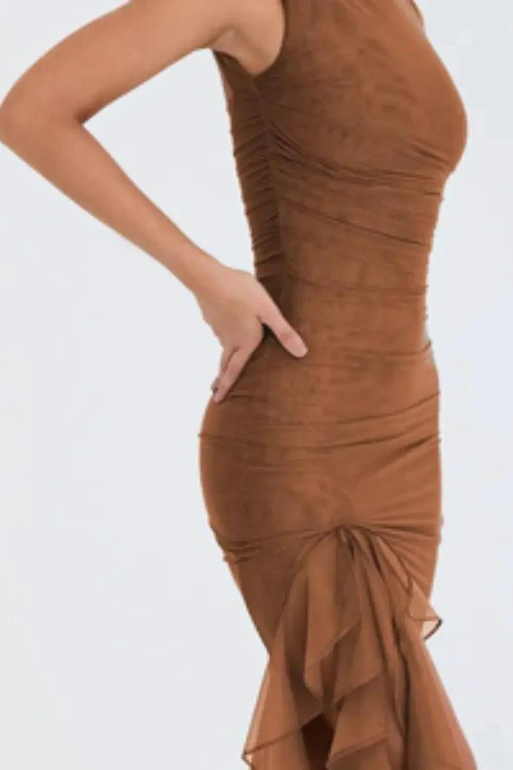 Mandotos Olive Green Ruffled Midi Dress With Ruched Bodice And Tiered Hem For Summer