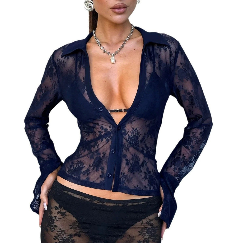 V Hot Girl Style Hollow Lace Cardigan Long Sleeve Top Women's Clothing