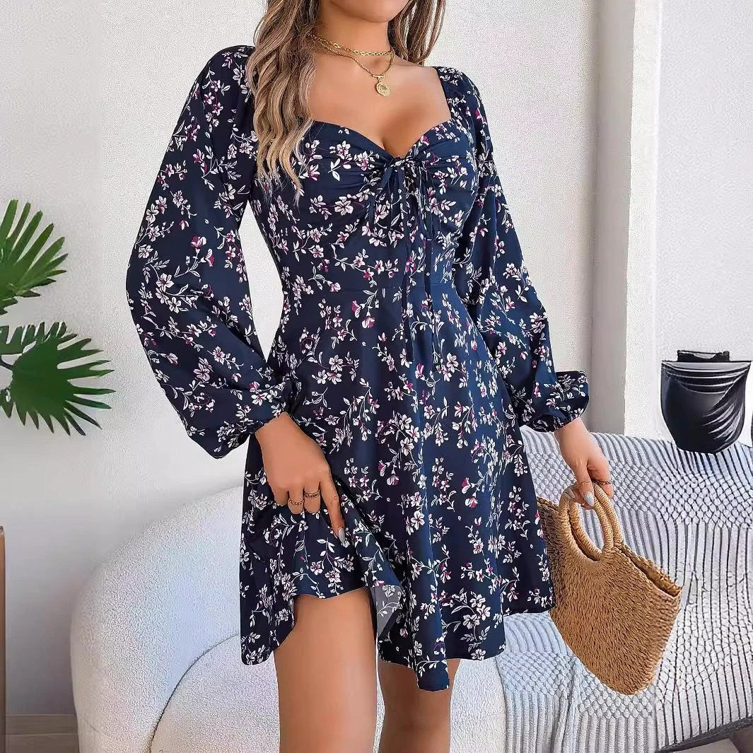 Mandotos Floral Print Long Lantern Sleeve Dress