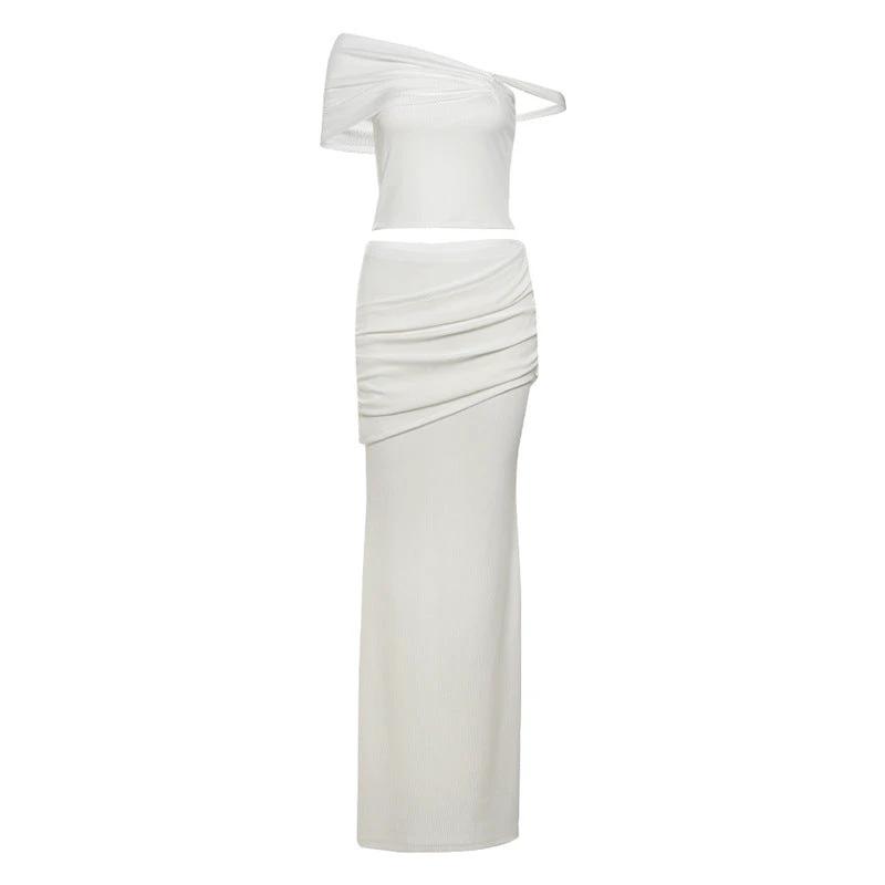 Elegant Slim-fit Oblique Shoulder Top & Long Skirt Set