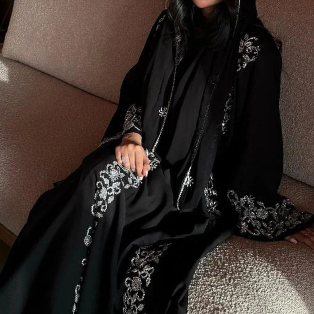 Banquet Dress Abaya Set | Embroidered Diamond Elegance 3-Piece Abaya with Hijab