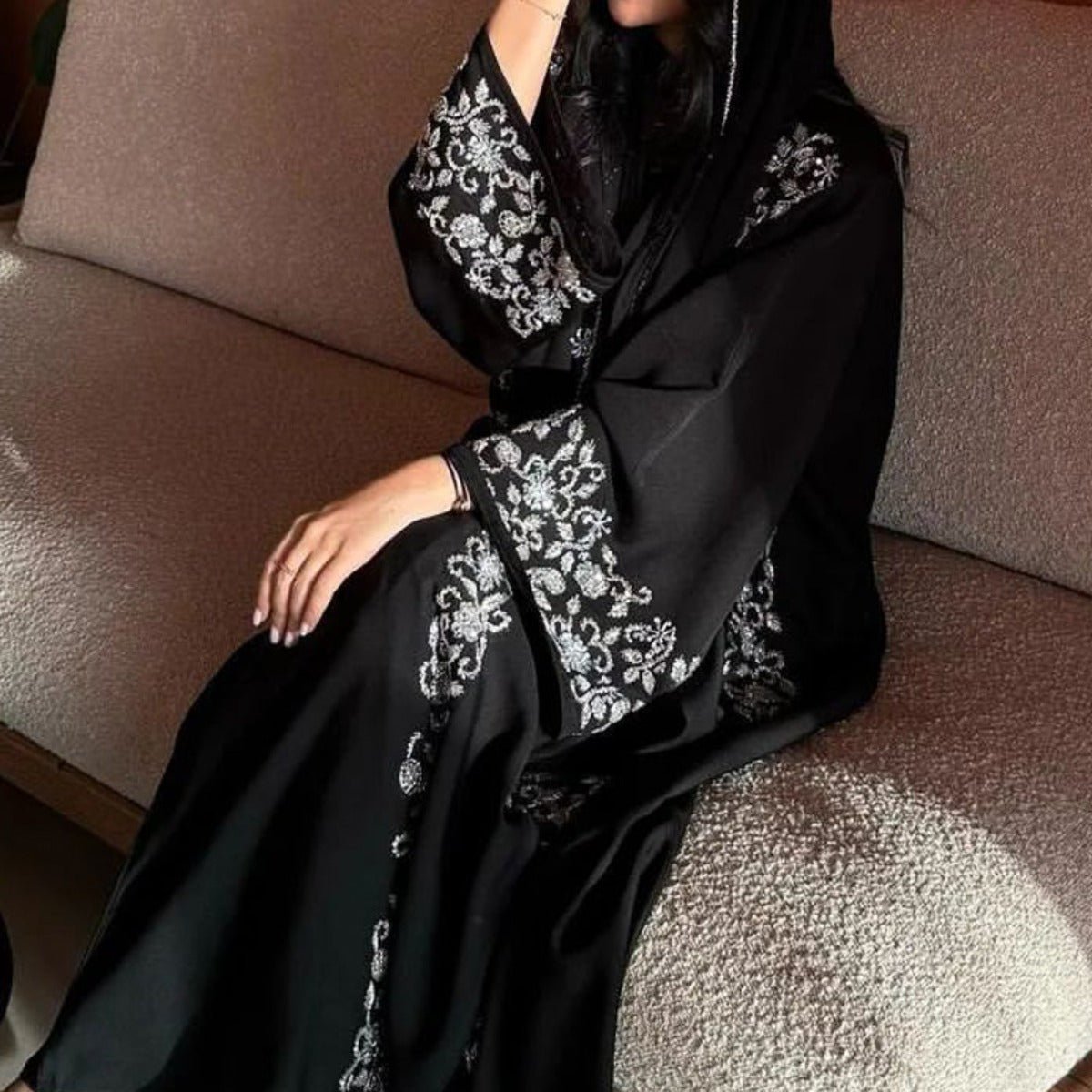 Banquet Dress Abaya Set | Embroidered Diamond Elegance 3-Piece Abaya with Hijab