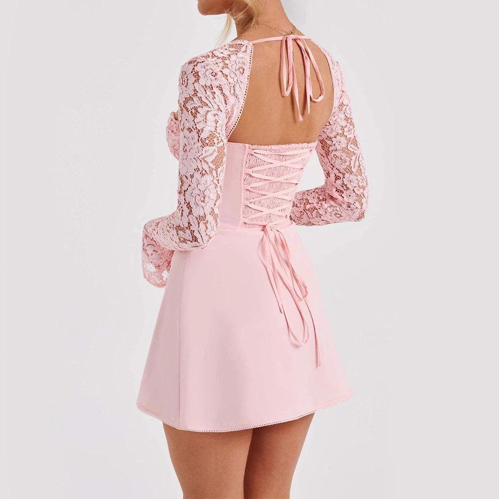 Y2K  Lace Long Sleeve Dress Fashion Sexy Corset Backless Lace Up Short Dresses Womens Clothing