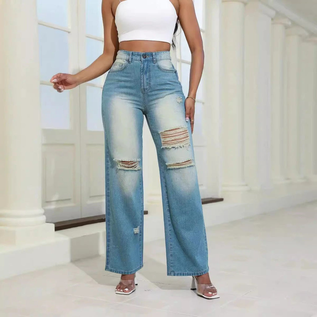 Mandotos Women's High Waist Wide Leg Straight Fit Ripped Denim Jeans With Pockets