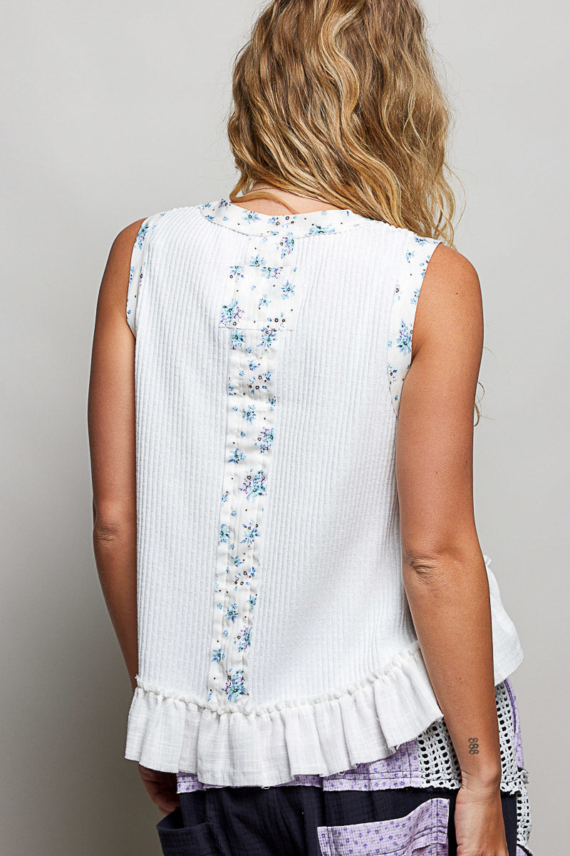 Floral Print Patched Round Neck Ribbed Tank with Ruffle Accents