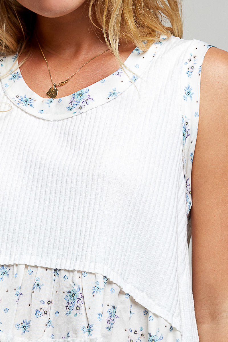 Floral Print Patched Round Neck Ribbed Tank with Ruffle Accents