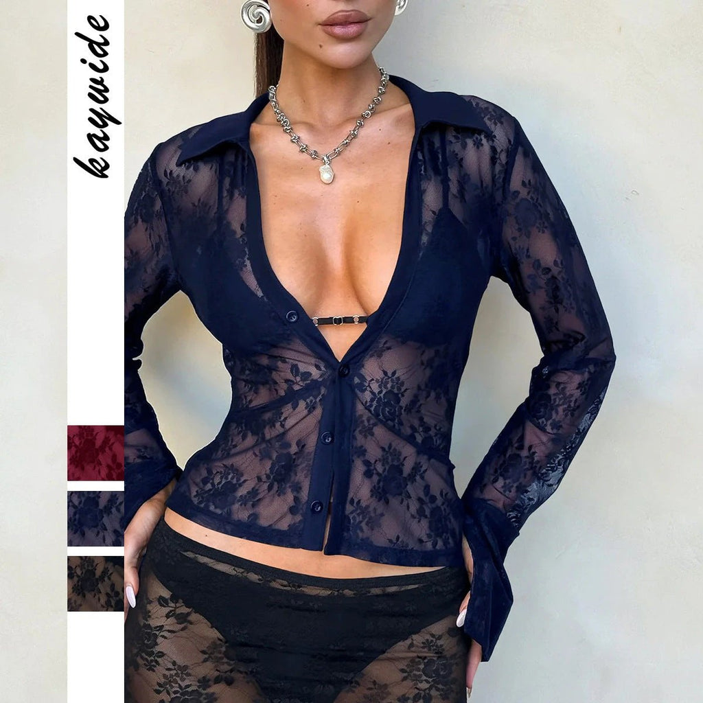 V Hot Girl Style Hollow Lace Cardigan Long Sleeve Top Women's Clothing