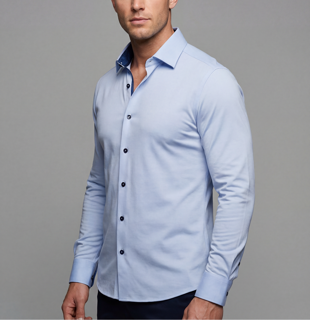 Ralph// Fitted Cotton Knit-Stretch Button-Up Shirt - Blue