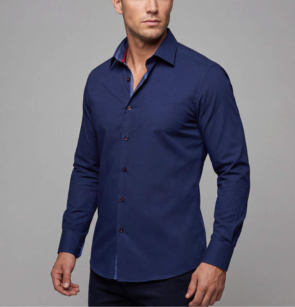 Kevin// Fitted Cotton Knit-Stretch Button-Up Shirt w/Contrast Details - Navy