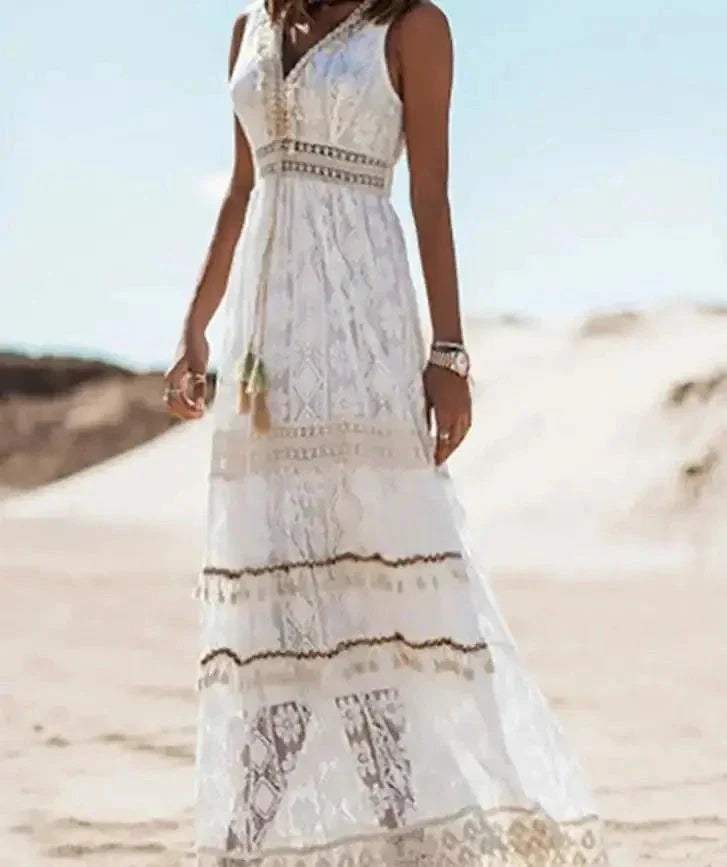 Lace-Trimmed V-Neck Maxi Dress