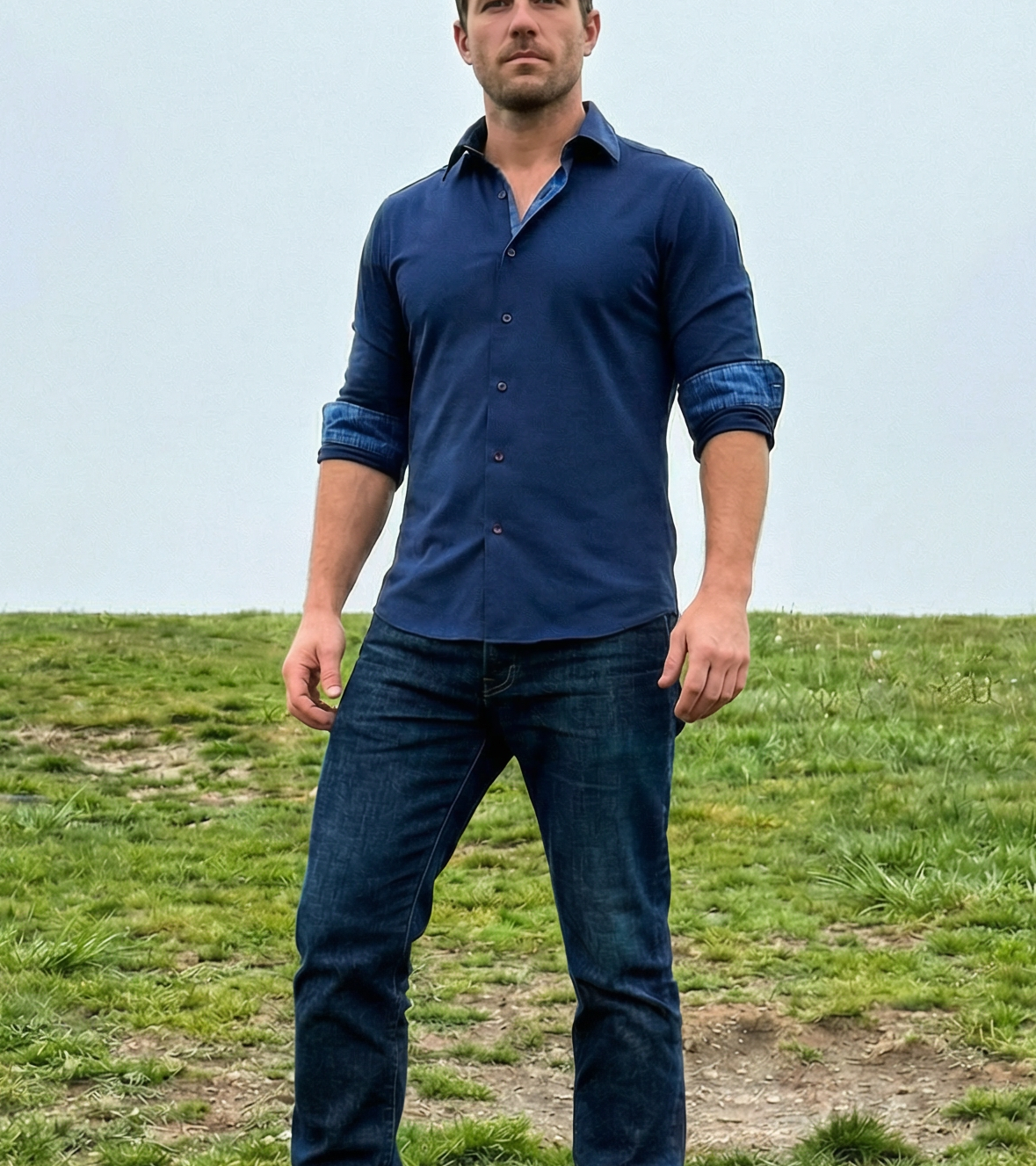 Paul// Fitted Cotton Knit-Stretch Button-Up Shirt  // Navy //