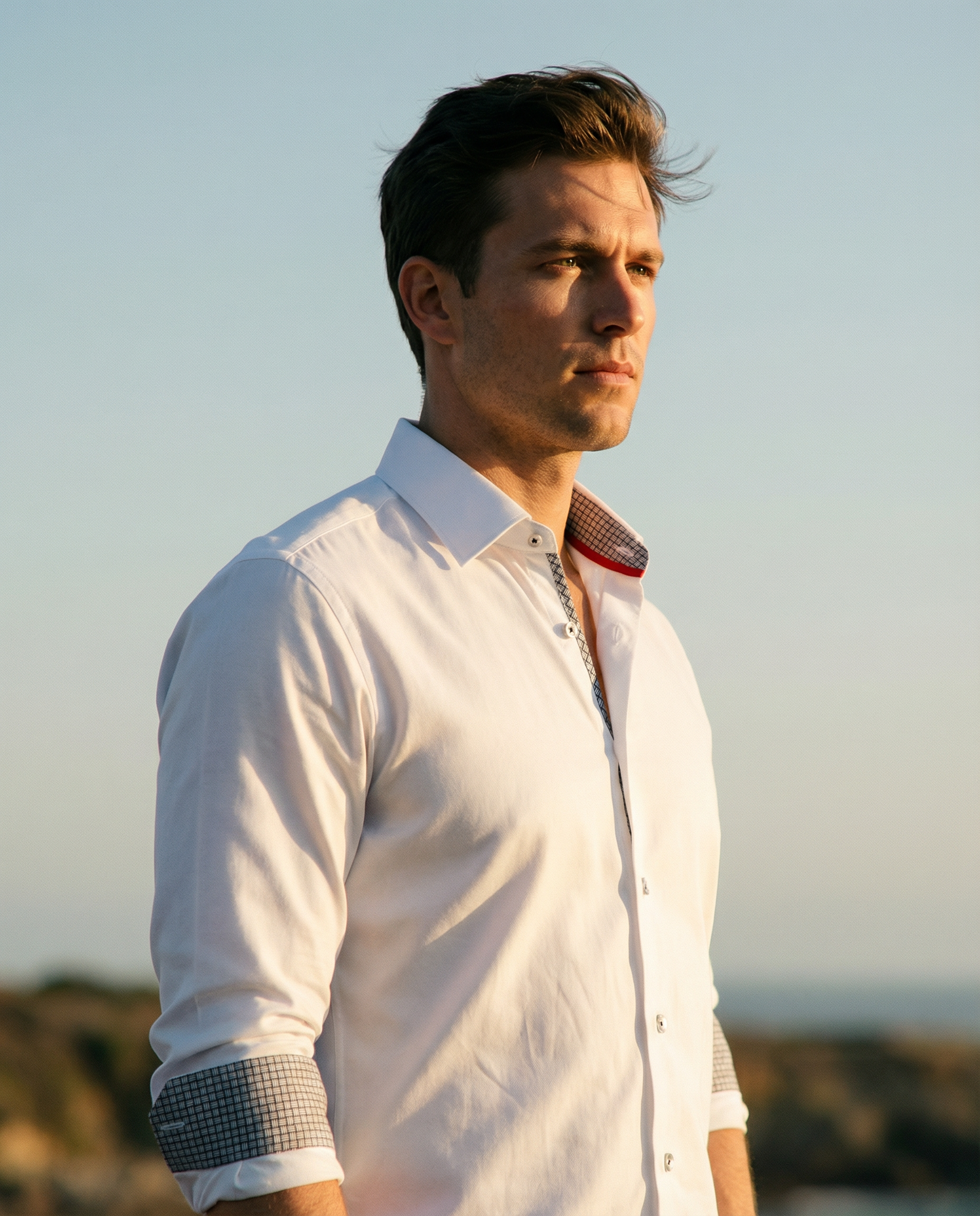 Jason// Fitted Cotton Knit-Stretch Button-Up Shirt w/Contrast Details - White