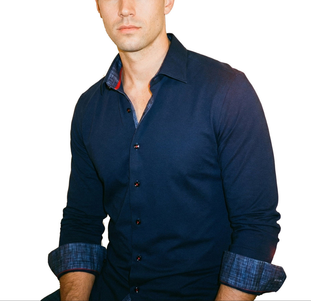 Kevin// Fitted Cotton Knit-Stretch Button-Up Shirt w/Contrast Details - Navy