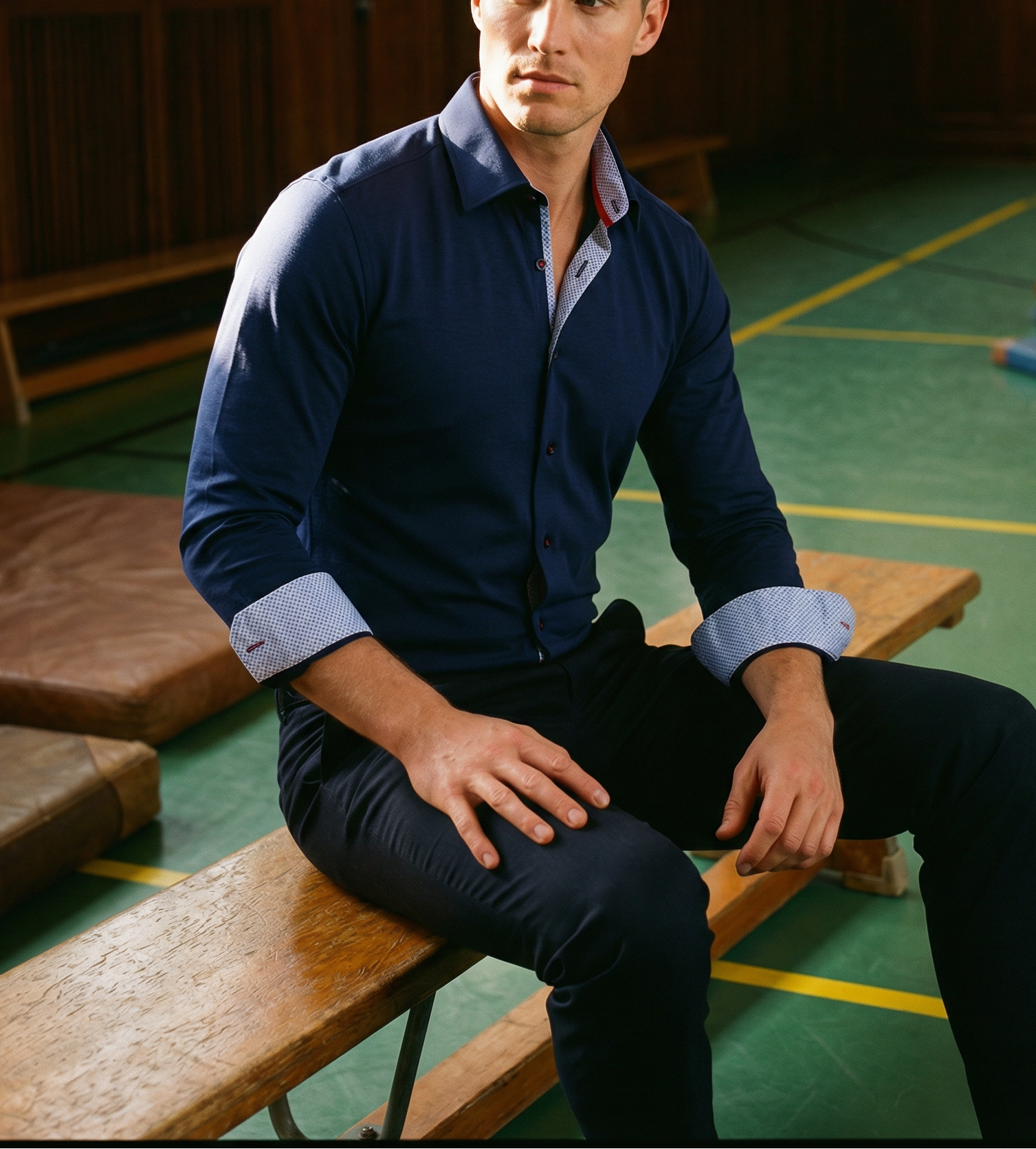 Paul// Fitted Cotton Knit-Stretch Button-Up Shirt  // Navy //