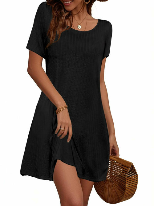 Anbech Casual Black Short Sleeve Flowy Mini Dress with Pockets