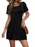 Anbech Casual Black Short Sleeve Flowy Mini Dress with Pockets